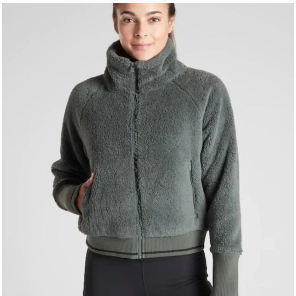 Athleta Tugga Sherpa Jacket XL Blue Gray Full Zip Fleece Funnel Neck 486693 NWT